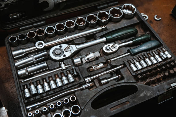 Professional Tools Set. Chrome Wrench Tools Organized In Box